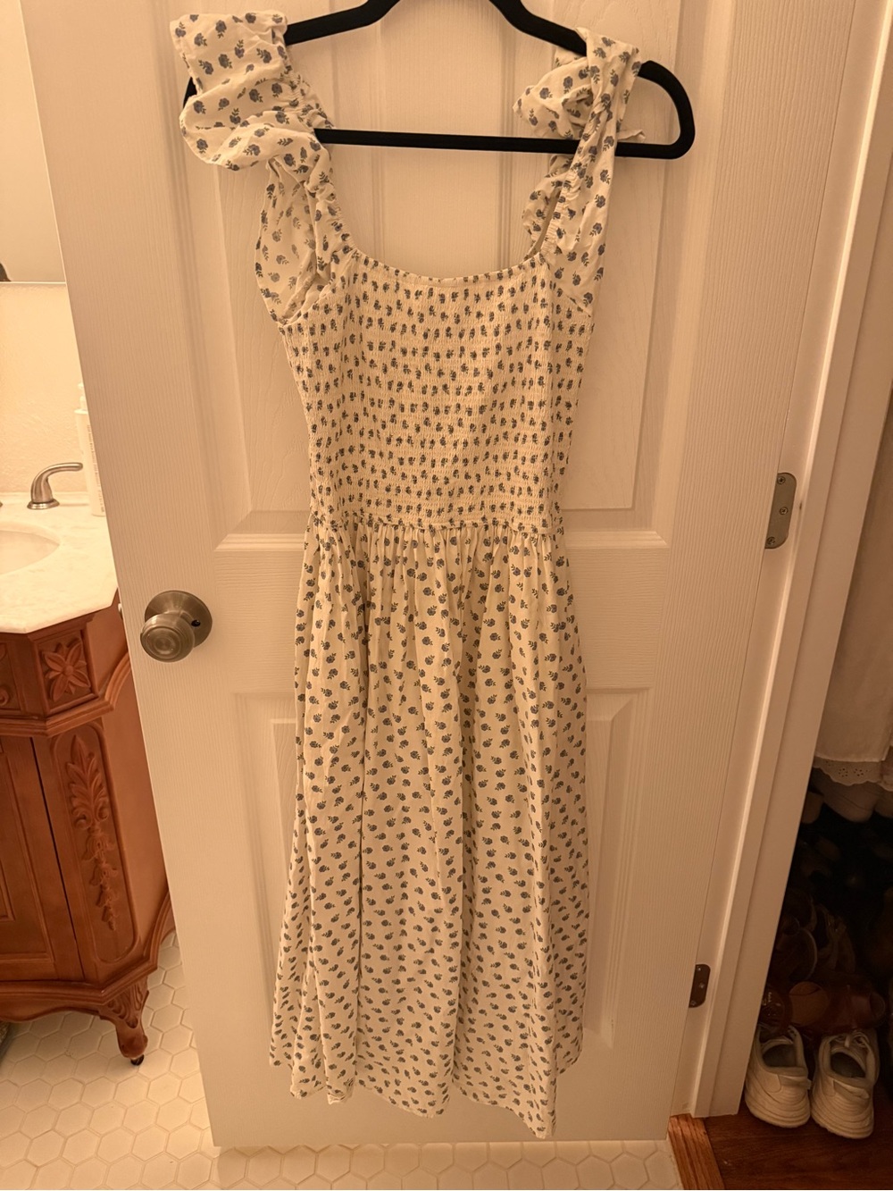 Neuflora Smocked White Floral Midi Dress with Ruffled Straps